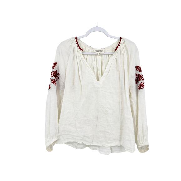 Nili Lotan White Red Embroidered Linen Long Sleeve Split Neck Peasant Top Sz XS - Picture 1 of 5